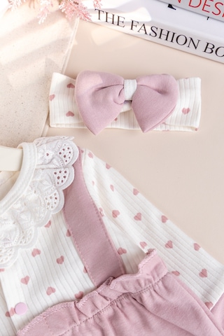 Babymod Kalp Desenli Fisto Yakalı Bandanalı Kız Bebek Tulum Set Gülkurusu