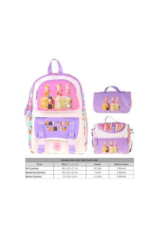 Kaukko Kids Cat Life Mor - Krem Renk Kız Çocuk Üçlü İlkokul Okul Çantası Seti/takımı - Setkk-l5313a