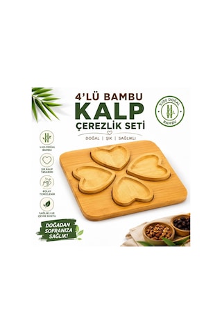 4 Lü Bambu Kalpli Çerezlik Seti Ahşap Sunum Tepsili 4 Bölmeli Atıştırmalık, Kuruyemiş, Çerez, Şekerleme Ve İkramlık Se