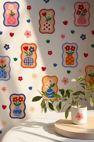 Renkli Çiçekli Vazo Duvar Sticker Seti 68 Parça, 9 Model, Çocuk Odası & Salon Dekorasyonu Dijital Baskı