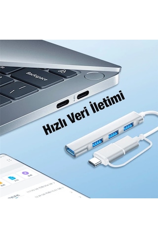 Ally A-806 4in1 Type-c + Usb Girişli Usb 3.0 Çoğaltıcı Hub Adaptör Çevirici- 5775 Gri
