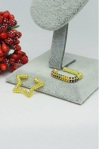 Caisyabutik Altın Kaplama Özel Seri Renkli Taşlı 2 Li Kombin Çelik Kıkırdak Altın