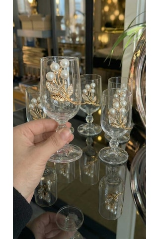 Çnr Home Collection 6 ' Lı Inci Çiçek Detayli Gold Metal Süslemeli Ayakli Cam Kahve Yani Bardak Seti Altin