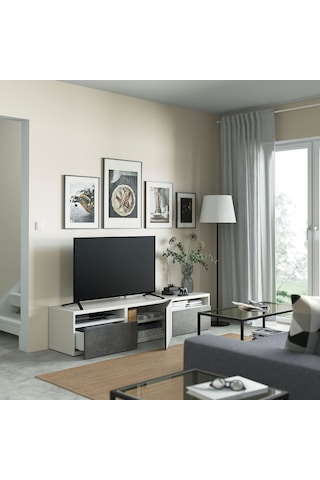Tv Sehpası, Beyaz-koyu Gri, 180x42x39 Cm, Kallvıken, Çıt Çıt Raylı Gri