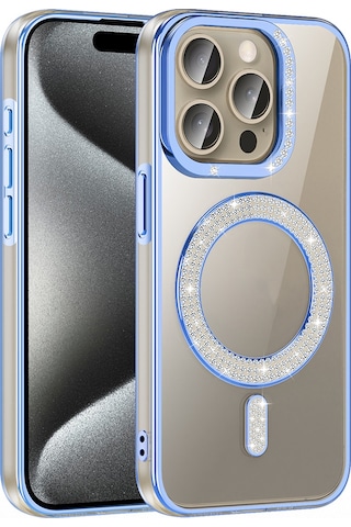 Apple Uyumlu iPhone 15 Pro Kılıf Pırlanta Taş Tasarımlı M-safe Şarj Özellikli Karetta Silikon Kılıf Mavi