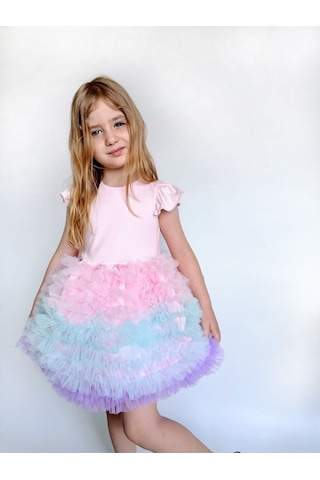 Linola Baby Kids Rainbow Tütü Etekli Kısa Kollu Çocuk Elbisesi Pembe