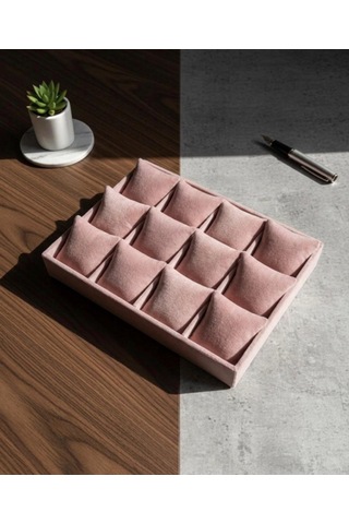 12 Bölmeli Ahşap Üzeri Baby Face Kumaş Saat Ve Takı Standı - Organizeri Ebat 35x24x5 Cm Açık Pembe