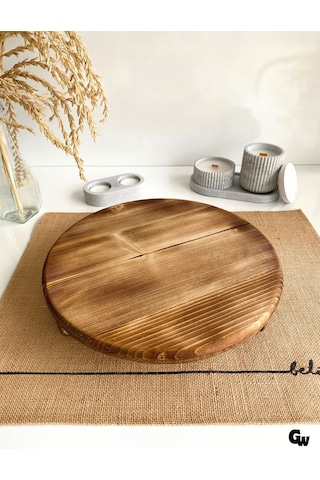 Yuvarlak Doğal Ahşap Sunum Tabağı Ayaklı Düz Ahşap Sunumluk Beyaz Çam Çap:28cm Yük:6,5cm