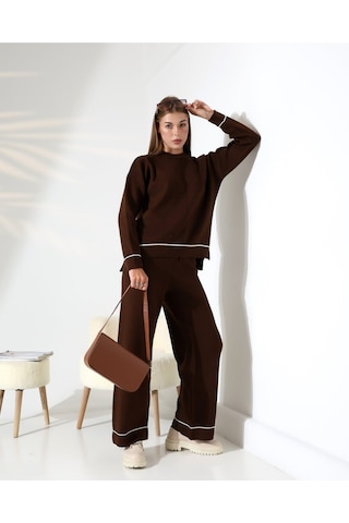 Kontrast Dikişli Kadın Triko Takım Kahverengi