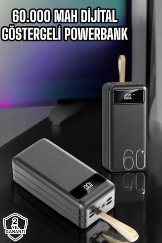 Powerbank 60.000 Mah Hızlı Şarj 4 Çıkışlı Uzun Şarj Süreli Dijital Göstergeli Siyah