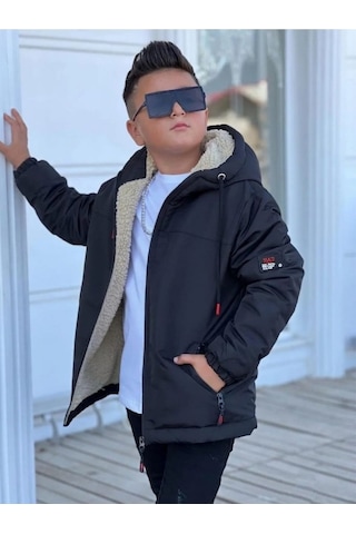 Pina Kids Erkek Çocuk Kürklü Çıkarılabilir Kapüşonlu Oversize Kışlık Mont Km4030 Siyah
