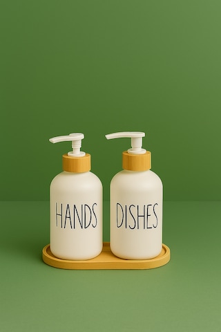 2'li Seramik Sıvı Sabunluk Seti Bambu Kapaklı Ve Standlı 550 Ml Hands & Dishes Mutfak Sabunluk Seti Beyaz - Şeffaf