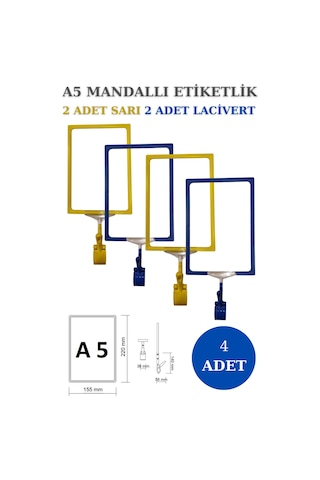 4adet Sarılacivert A5 Mandallı Sepet Etiketi Çerçeveli Etiketlik Sarı Lacivert
