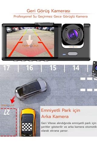 Araç Içi 1080p Full Hd Wifi Kamera Ön Arka Ve Iç Kayıt 3 Kamera Gece Görüşlü Geniş Açı