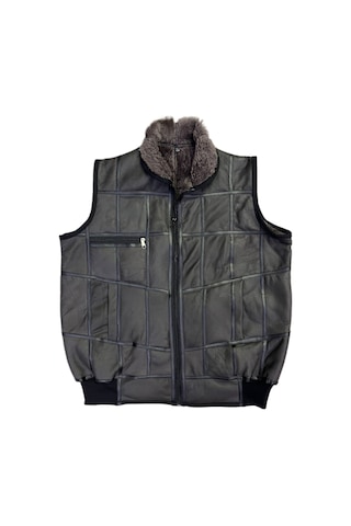 Içi Kürk-Dışı Süet Gerçek Deri Yakalı Ve Trikolu Yelek Gri