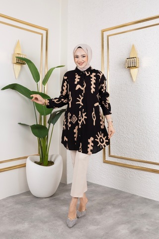 Hira Life Fashion Kadın Tesettür Giyim Ve Spor Giyime Uygun Düğme Detaylı Şık Desenli Dokuma Viskon Gömlek-tunik Siyah 2 Siyah 2