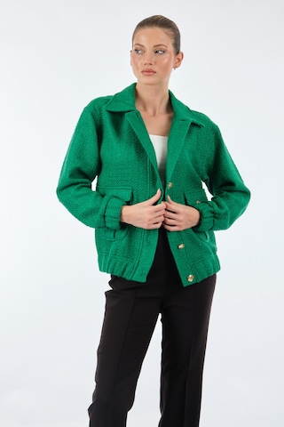 Unique Mode Düz Yaka Cepli Düğmeli Uzun Kollu Kadın Ceket U Yeşil