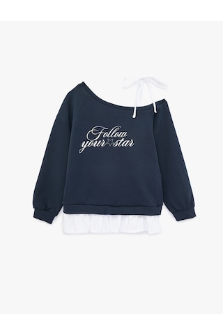 Koton Fiyonk Detaylı Pamuklu Uzun Kollu Asimetrik Yaka Baskılı Sweatshirt Lacivert 6sal10379ık