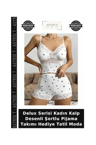 Astrid T Delux Serisi Kadın Kalp Desenli Şortlu Pijama Takımı Hediye Tatil Moda Beyaz