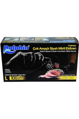 Dolphin Pudrasız Siyah Nitril Eldiven Büyük Boy L 100'lü Paket