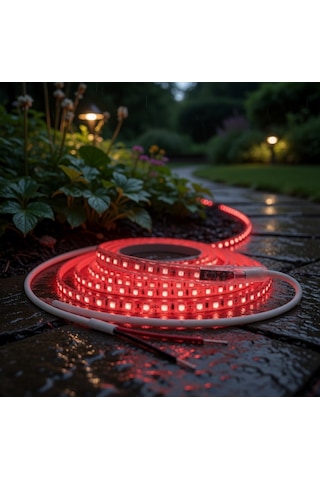 220v 120 Led Dış Mekan Şerit Led Kırmızı Işık Arkası Yapışkanlı Suya Dayanıklı Dekoratif Aydınlatma 5 metre