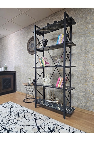 Çıkıntılı Siyah Boyalı Kitaplık - 5 Raflı Suntalem Lüks Kitaplık Çok Renkli