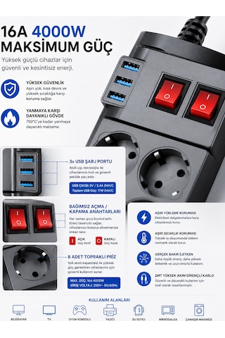 Ftr-08 4000w 16a Akım Korumalı 2 Anahtarlı 8'li Priz, 3 Usb Portl