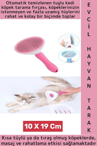 Evcil Hayvan Kendinden Tuşlu Otomatik Temizlenen Masaj Etkili Kedi Köpek Tüy Toplama Tarağı Pembe