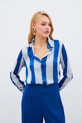 Sateen Çizgi Desenli Gömlek - Saks Mavisi-134967 Saks Mavisi Saks