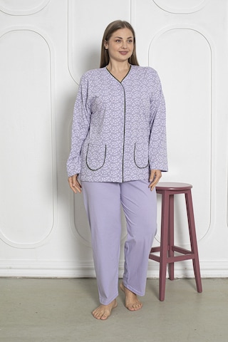 SEBOTEKS %100 Pamuklu Uzun Kollu Boydan Düğmeli Büyük Beden Kadın Pijama Takımı 206 Lila