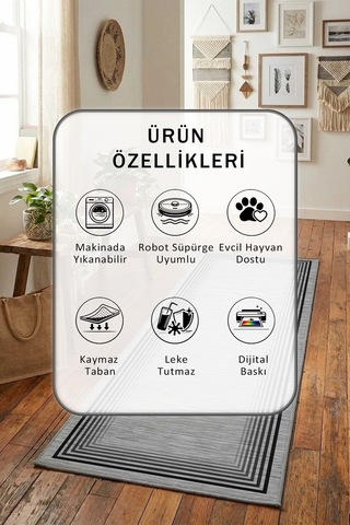Gri Salon Mutfak Yatak Odası Dijital Baskı Yıkanabilir Yolluk