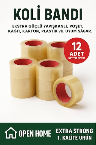 12 Adet-792 Metre Şeffaf Koli Bandı Extra Strong 40 Micron Kalınlık, Güçlü Yapışkan Diğer
