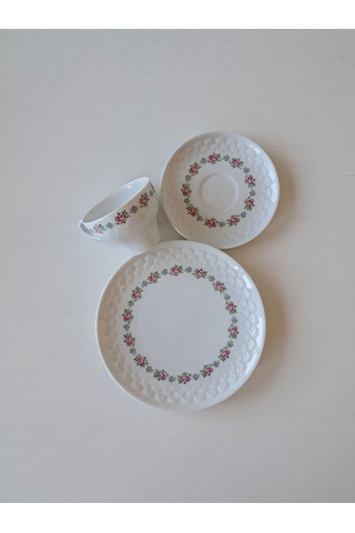 Trio Antıque Tea Cup & Saucer & Plate Üçlü Çay Fincanı Pembe Mavi Pembe-mavi