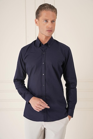 Efor Slim Fit Düğmeli Yaka Dokulu %100 Pamuk Klasik Lacivert Gömlek Gk 726 Lacivert