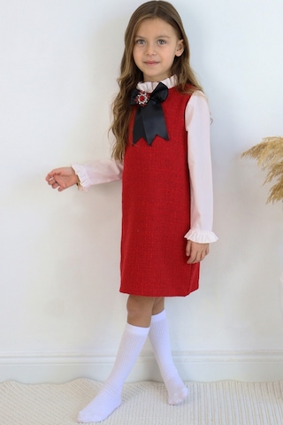 Kız Çocuk Kırmızıı Vanessa Broş Detaylı Tüvit Uzun Kollu Yılbaşı Elbisesi