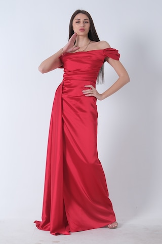 Feminist Kırmızı Drape Detaylı Saten Kumaş Abiye Elbise 9704858
