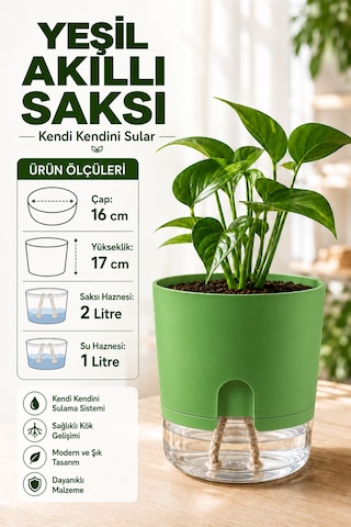 Akıllı Saksı Kendinden Sulamalı Fitilli Modern Dekoratif Saksı 2 Litre 74337910