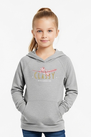 Kanguru Cepli Kapüşonlu Kız Çocuk Sweatshirt Classy Yazı Baskılı Gri