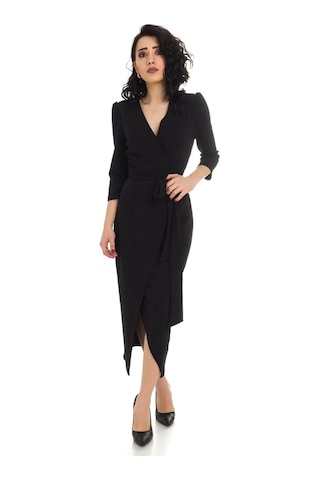 Ayhan Kadın Büyük Beden Kruvaze Yaka Belden Bağlama Detaylı Krep Elbise 1246 Siyah Siyah