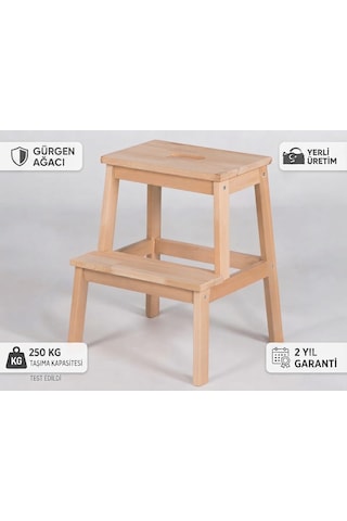 Bodur Masif Gürgen Ahşap Basamaklı Tabure Merdiven Standart Model