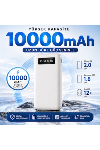 10000 Mah Powerbank 4 Ü 1 Arada Kablolu Taşınabilir Şarj Cihazı Dijital Göstergeli Type-c Micro Usb Lightning Usb-a Uyumlu Beyaz