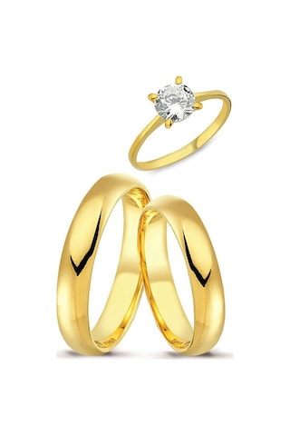 4Mm Bombeli Altın Kaplama Gümüş Alyans Çifti Tektaş Hediye Wr87