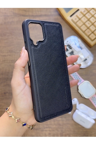 Samsung Galaxy A12 Uyumlu Premium Deri Dokulu Darbelere Karşı Dayanıklı Nazal Silikon Kılıf Siyah