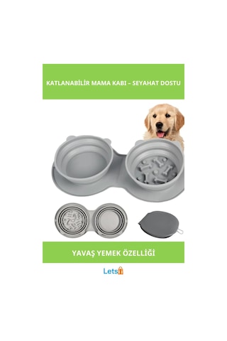 Katlanabilir İkili Mama Ve Su Kabı Yavaş Yeme Özellikli Gri Çok Renkli