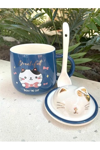 Kawai 3d Kedi Kapaklı Kaşıklı Kupa Bardak Lacivert