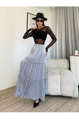 Büzgü Detaylı Beli Lastikli Etek 6005-gri Gri