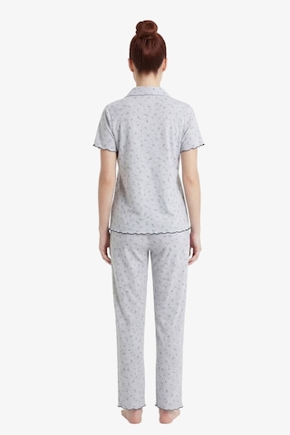 Cottonhill Gri Çiçek Desenli Pointel Gömlek Yaka Kadın Pijama Takımı Okyanus