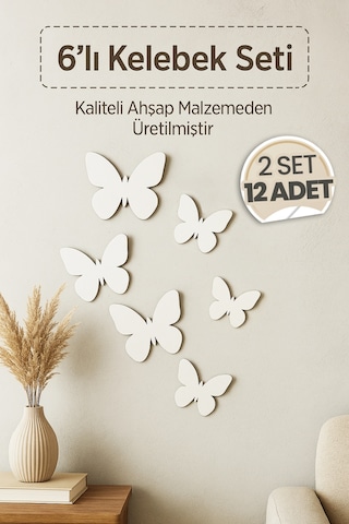12 Adet Ahşap Dekoratif Kelebekli Duvar Süsü - Beyaz Renk Dekoratif Kelebek Duvar Mutfak Süsü