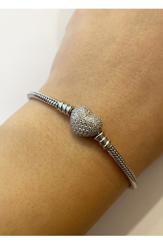 Kadın Taşlı Kalp Model Charm İçin Uygun Gümüş Bileklik 21 Cm Gümüş