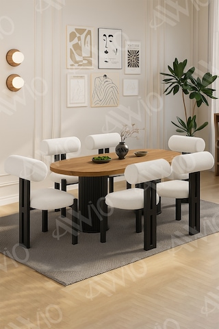 Avvio Pofi Bohem 6'lı Metalsandalye 80x160 Mutfak Masa Takımı Yemek Masa Takımı Masa Sandalye Takımı Cafe Akça Masa Sandalye Siyah Kumaş Krem